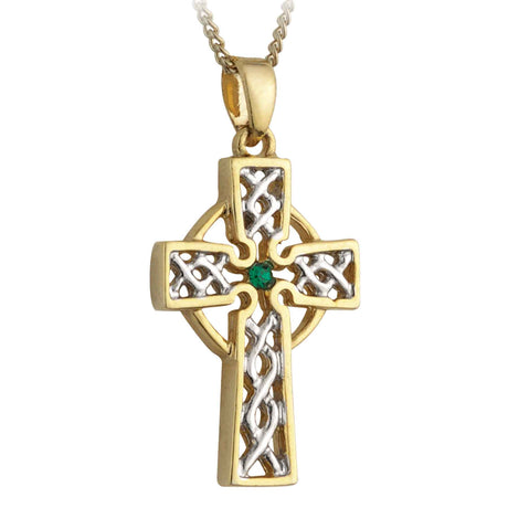 Two Tone Celtic Cross Necklace with Green Stone - Creative Irish Gifts