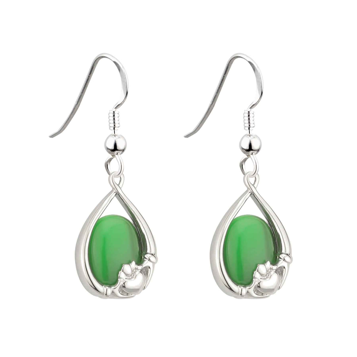 Rhodium Plated Green Cat Eye Claddagh Earrings - Creative Irish Gifts