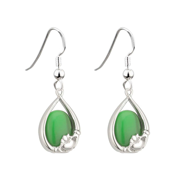 Rhodium Plated Green Cat Eye Claddagh Earrings - Creative Irish Gifts