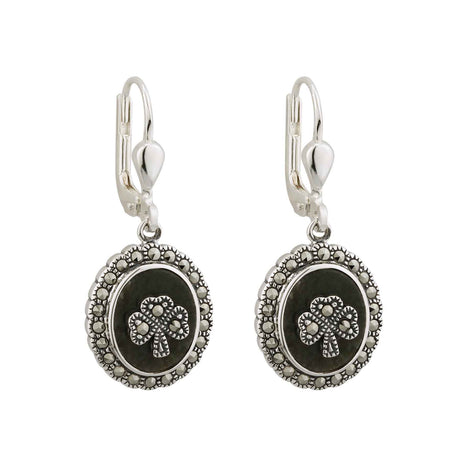 Sterling Silver Marble & Marcasite Shamrock Drop Earrings - Creative Irish Gifts