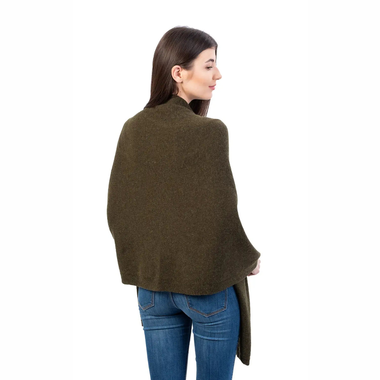 LLS100-902-OS Lambswool Poncho- Olive Green Back View Creative Irish Gifts
