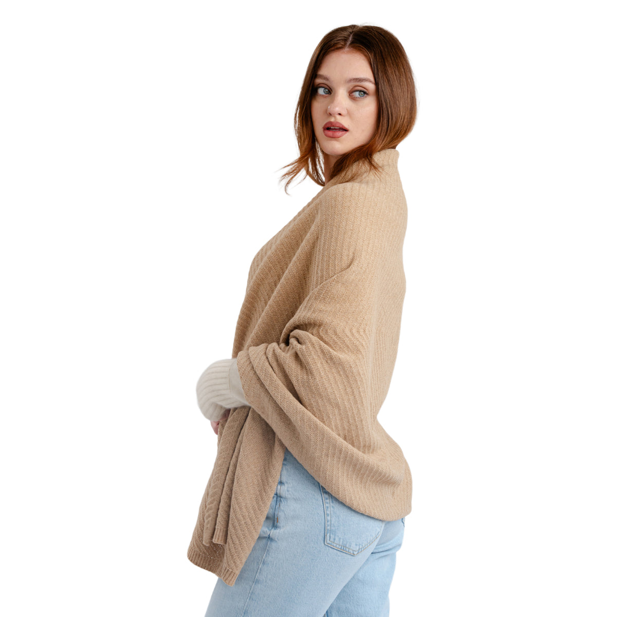 LLS109-907-OS Lambswool Shawl- Camel Side View Creative Irish Gifts
