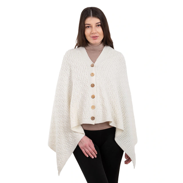 LLS110-900-OS Lambswool Aran Knit Poncho- White Creative Irish Gifts
