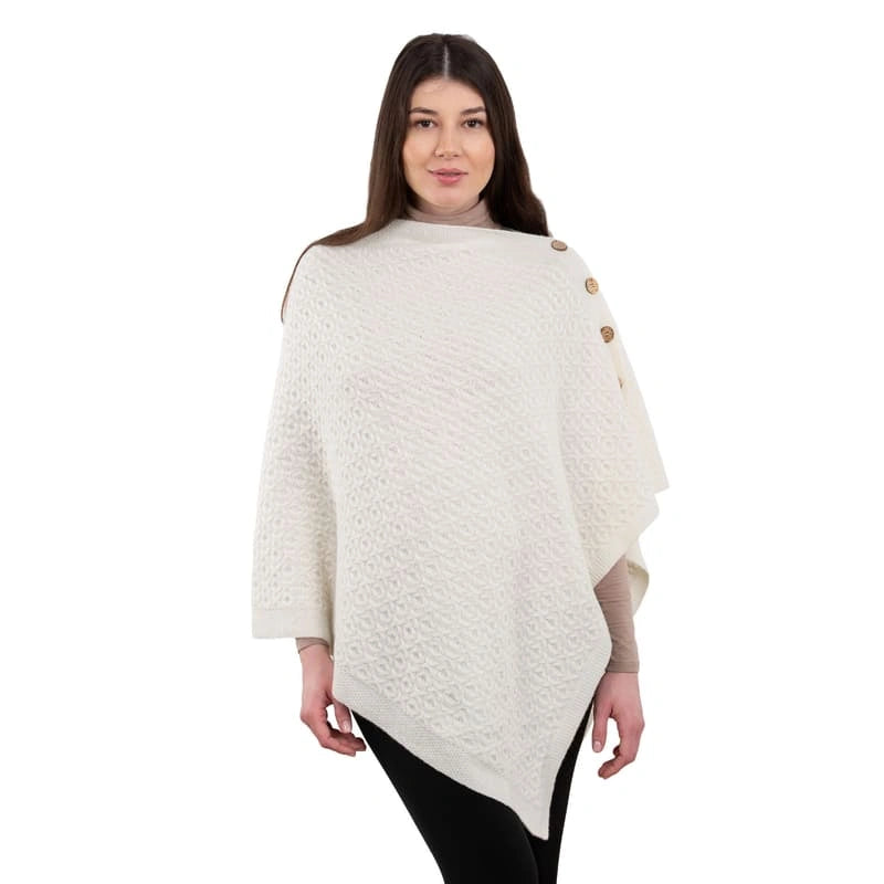 LLS110-900-OS Lambswool Aran Knit Poncho- White Creative Irish Gifts
