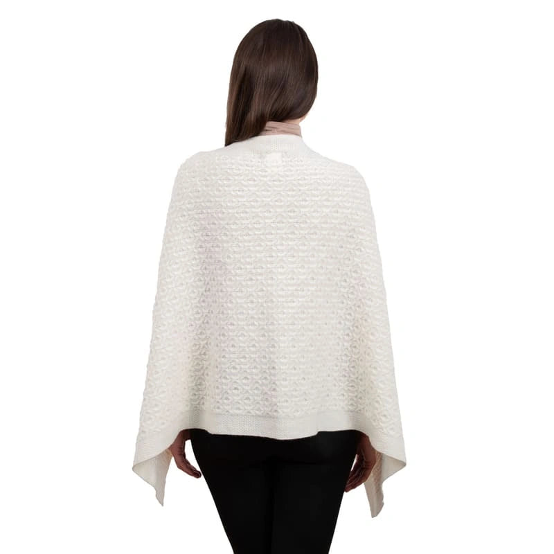 LLS110-900-OS Lambswool Aran Knit Poncho- White Back View Creative Irish Gifts
