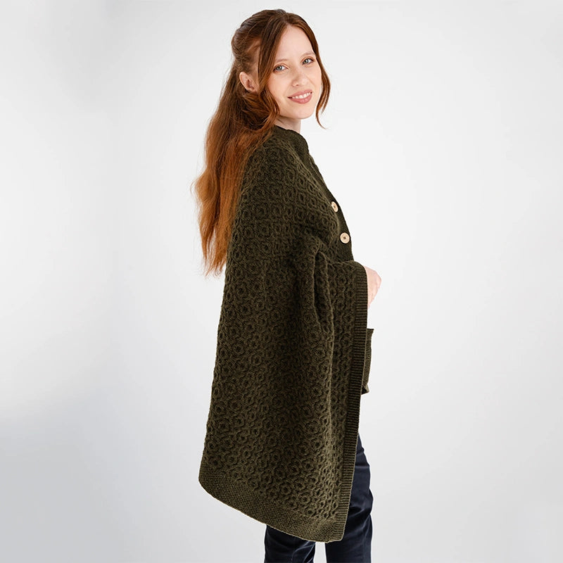 LLS110-902-OS Lambswool Aran Knit Poncho- Army Green Side View Creative Irish Gifts
