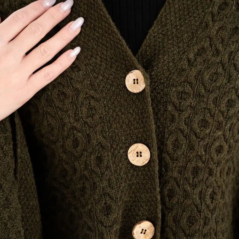 LLS110-902-OS Lambswool Aran Knit Poncho- Army Green Close Up Creative Irish Gifts
