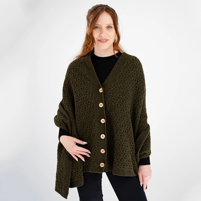 LLS110-902-OS Lambswool Aran Knit Poncho- Army Green Creative Irish Gifts
