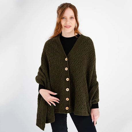 LLS110-902-OS Lambswool Aran Knit Poncho- Army Green Creative Irish Gifts
