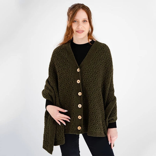 LLS110-902-OS Lambswool Aran Knit Poncho- Army Green Creative Irish Gifts
