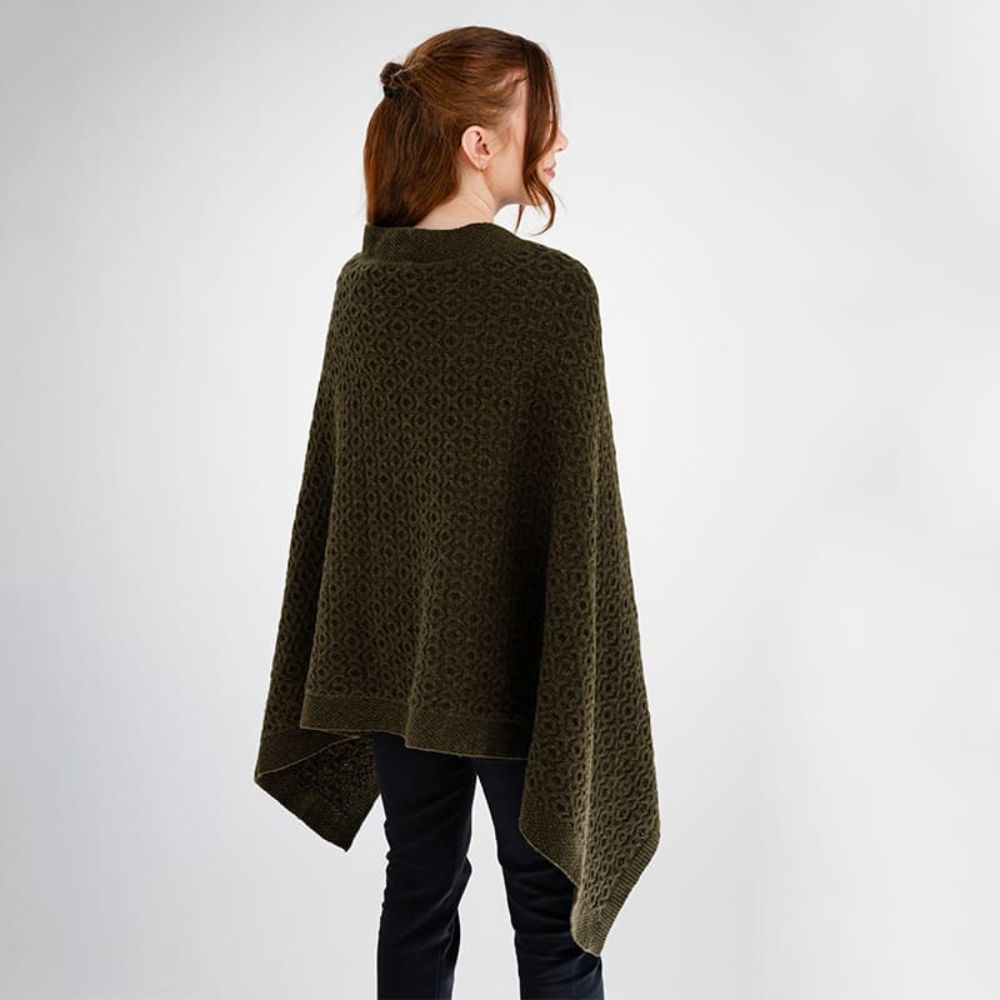 LLS110 Lambswool Aran Knit Poncho- Army Green Back View Creative Irish Gifts
