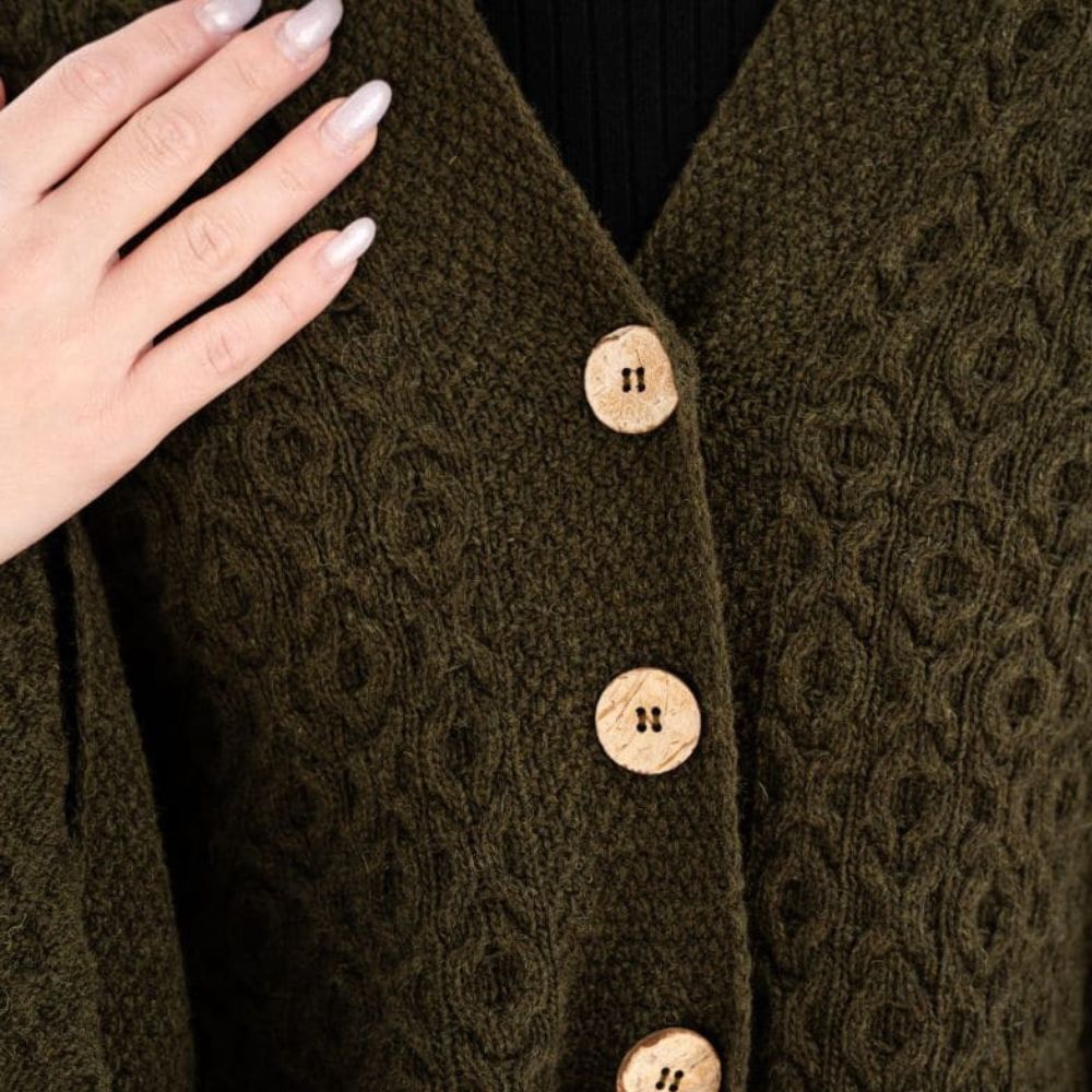 LLS110 Lambswool Aran Knit Poncho- Army Green Creative Irish Gifts

