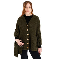 LLS110 Lambswool Aran Knit Poncho- Army Green Creative Irish Gifts
