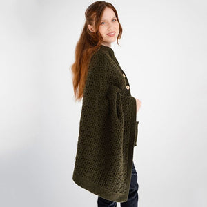 LLS110 Lambswool Aran Knit Poncho- Army Green Side View Creative Irish Gifts
