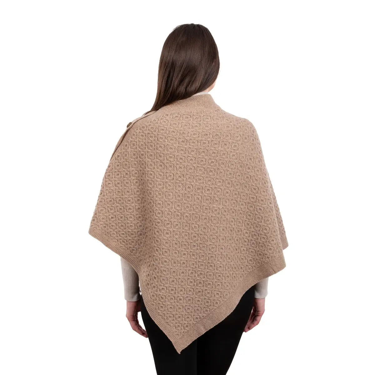 LLS110-906-OS Lambswool Aran Knit Poncho- Brown Back View Creative Irish Gifts
