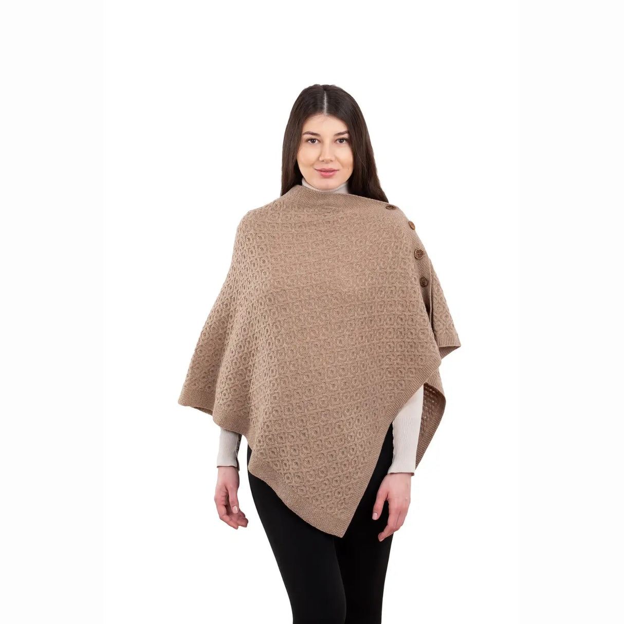 LLS110-906-OS Lambswool Aran Knit Poncho- Brown Creative Irish Gifts

