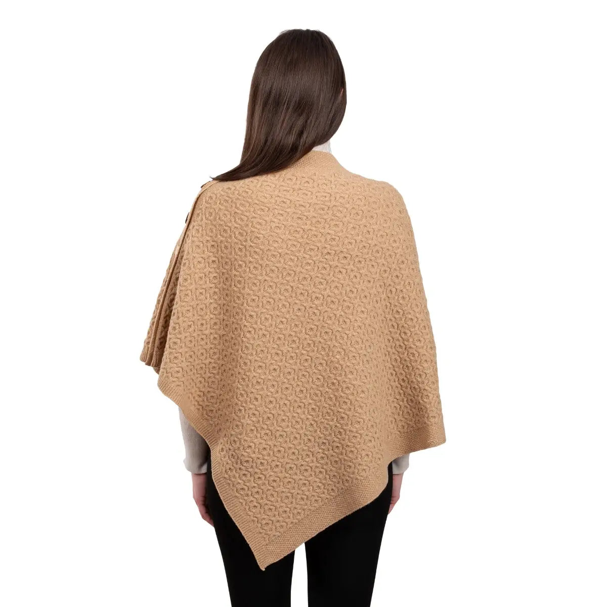 LLS110-907-OS Lambswool Aran Knit Poncho- Camel Back View Creative Irish Gifts
