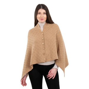 LLS110-907-OS Lambswool Aran Knit Poncho- Camel Creative Irish Gifts
