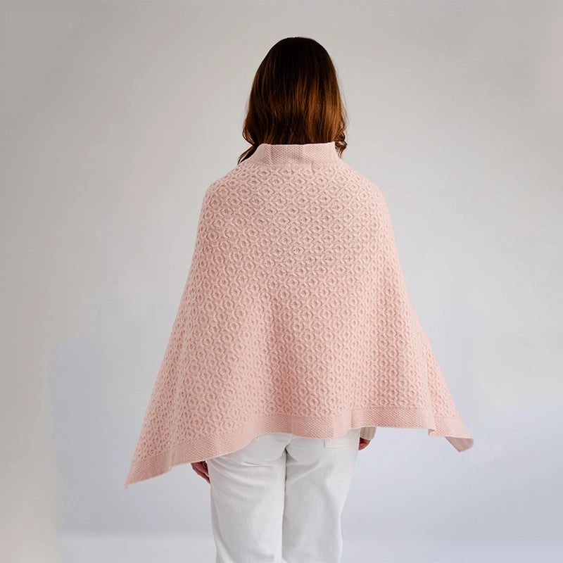 LLS110-908-OS Lambswool Aran Knit Poncho- Pink Back View Creative Irish Gifts
