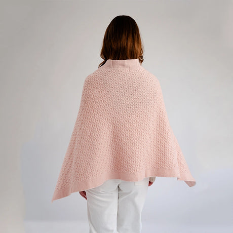LLS110-908-OS Lambswool Aran Knit Poncho- Pink Back View Creative Irish Gifts
