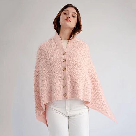 LLS110-908-OS Lambswool Aran Knit Poncho- Pink Creative Irish Gifts
