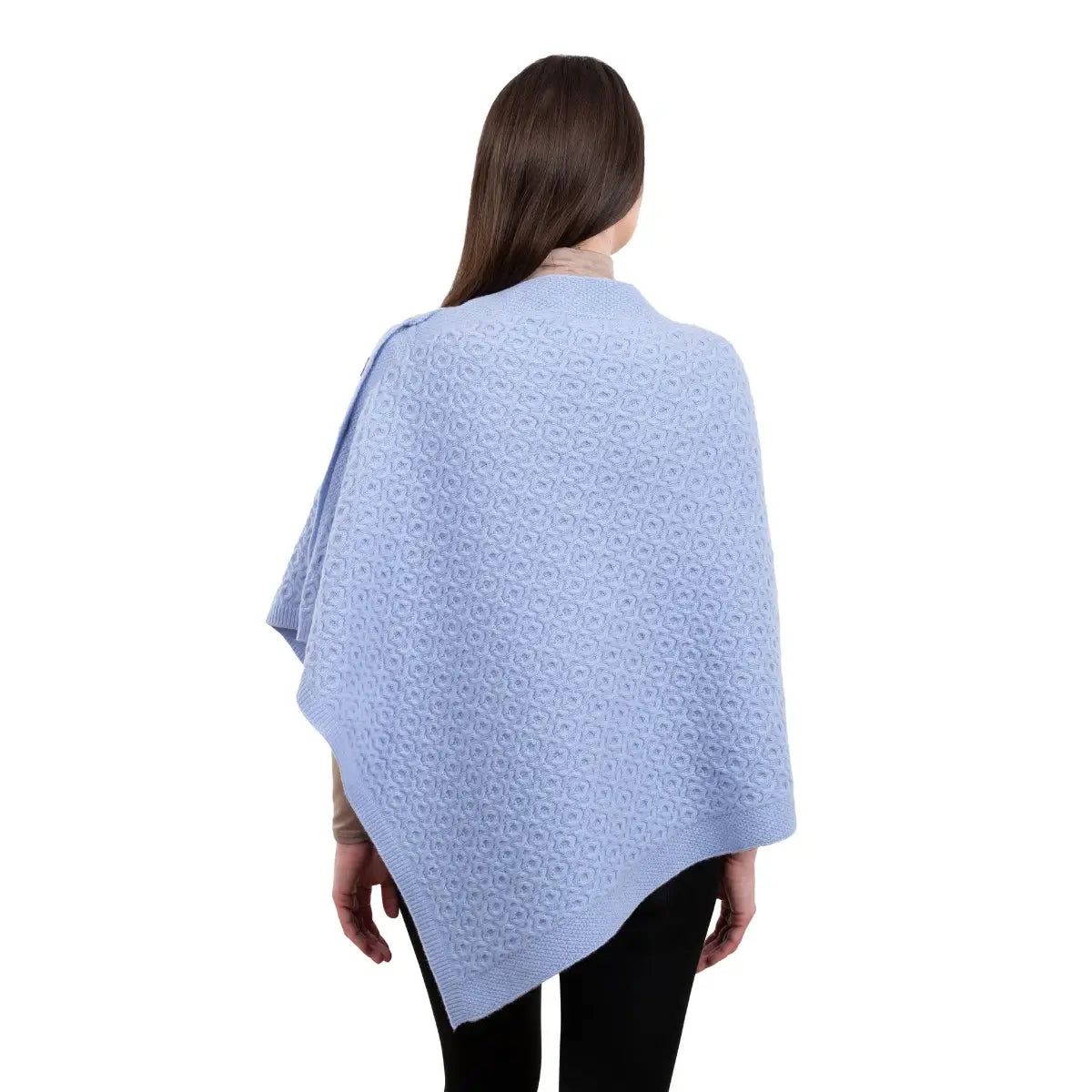 LLS110-909-OS Lambswool Aran Knit Poncho- Light Blue Back View Creative Irish Gifts
