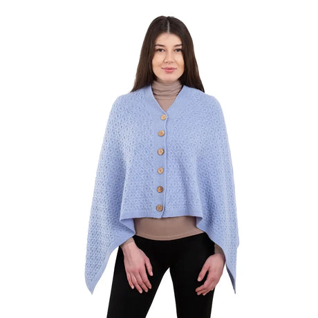 LLS110-909-OS Lambswool Aran Knit Poncho- Light Blue Creative Irish Gifts
