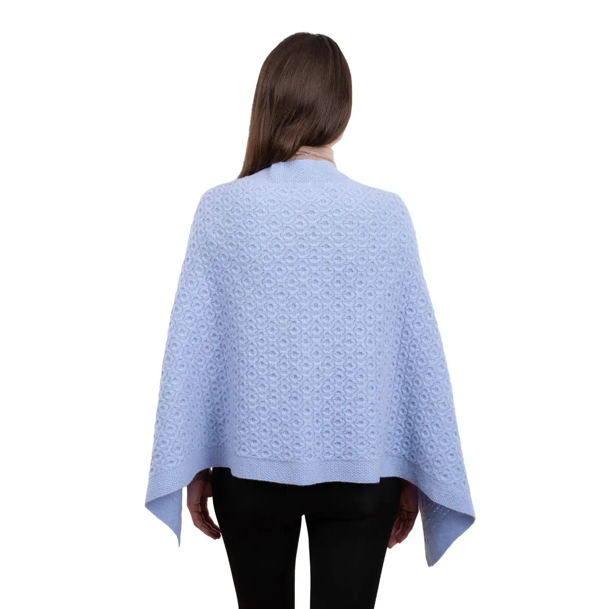 LLS110-909-OS Lambswool Aran Knit Poncho- Light Blue Back View  Creative Irish Gifts
