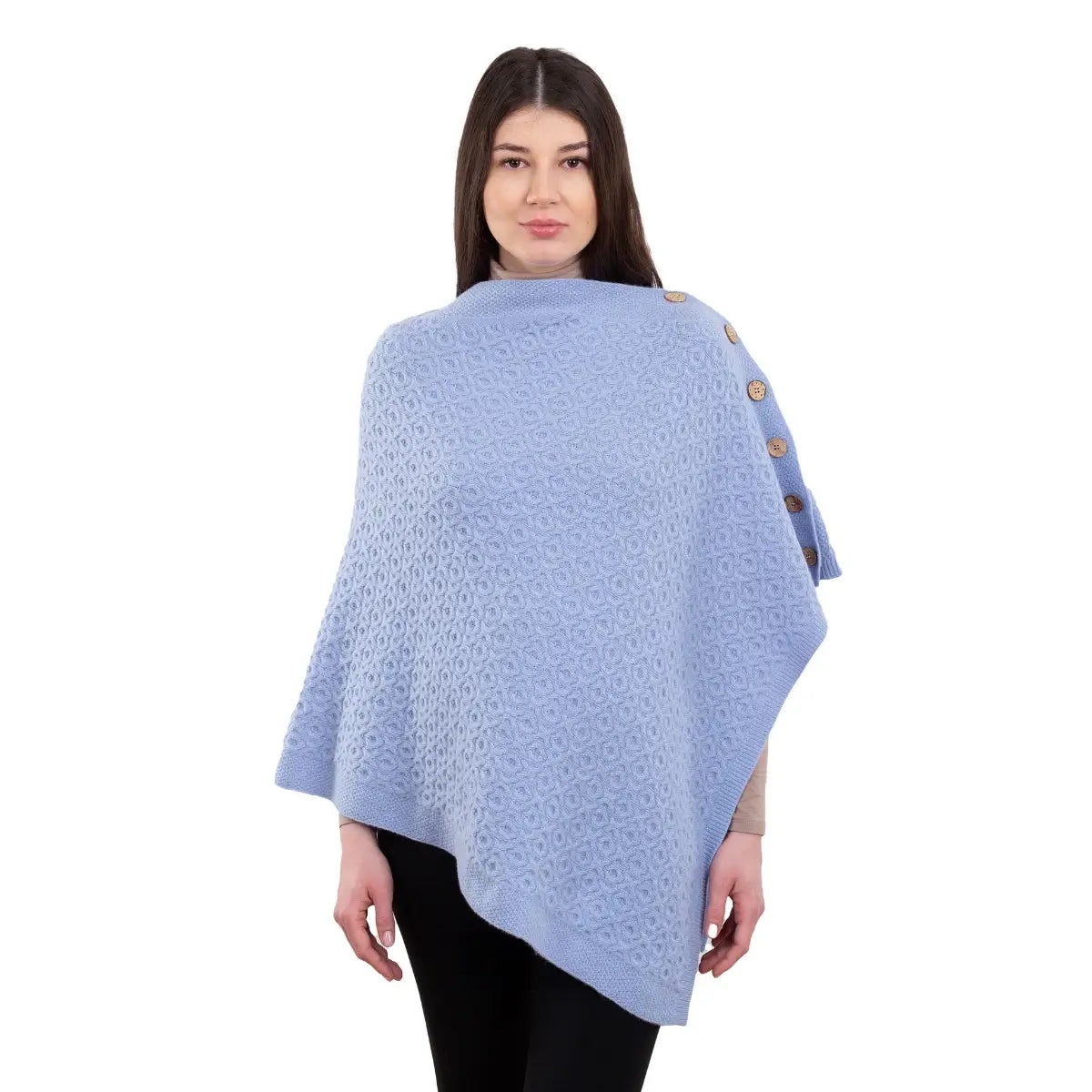 LLS110-909-OS Lambswool Aran Knit Poncho- Light Blue Creative Irish Gifts
