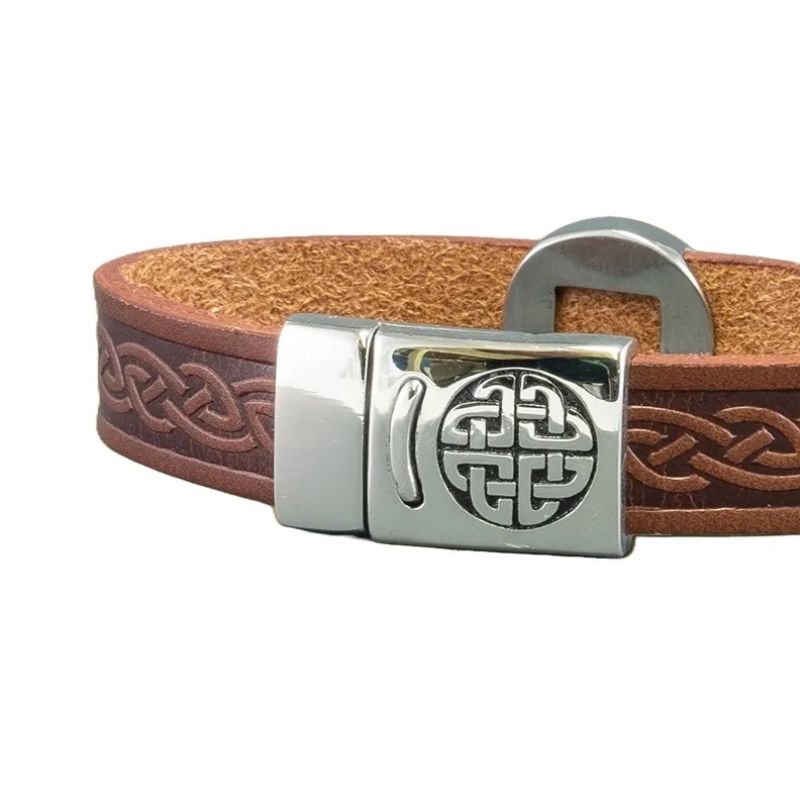 Leather Celtic Knot Magnetic Cuff Bracelet Brown square back view Creative Irish Gifts
