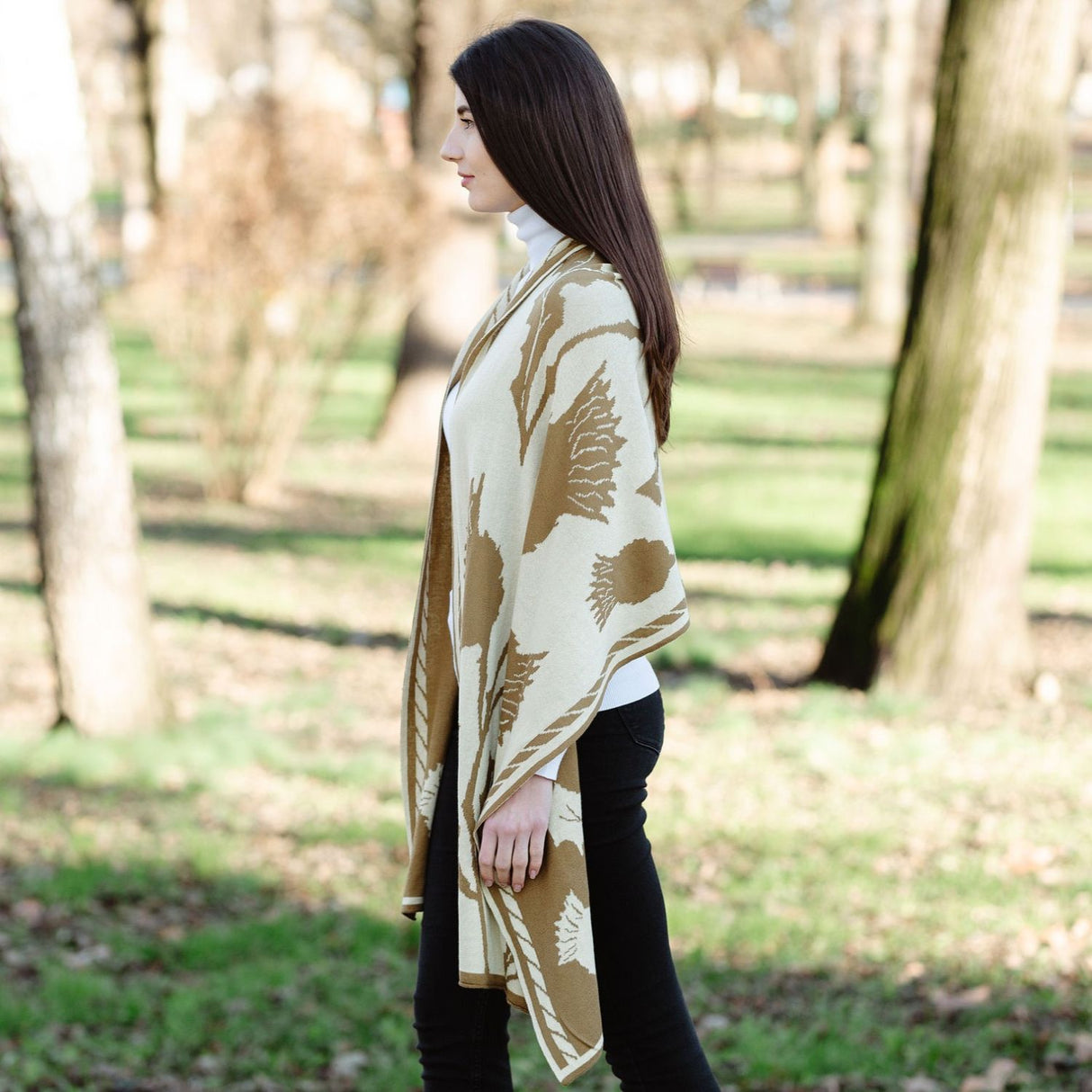 Scottish Thistle Shawl- Fawn Brown Creative Irish Gifts Side View
