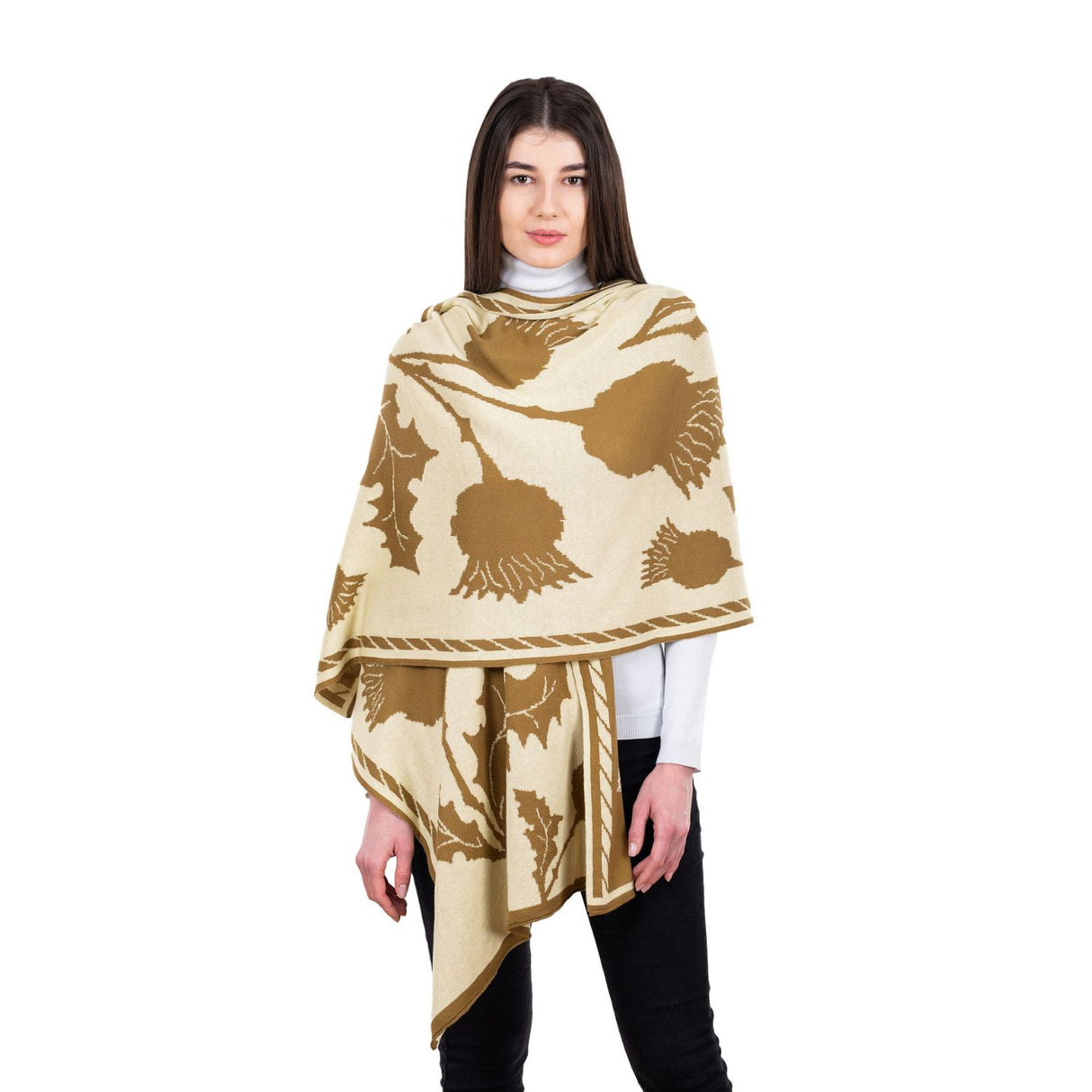 Scottish Thistle Shawl- Fawn Brown Creative Irish Gifts Front View
