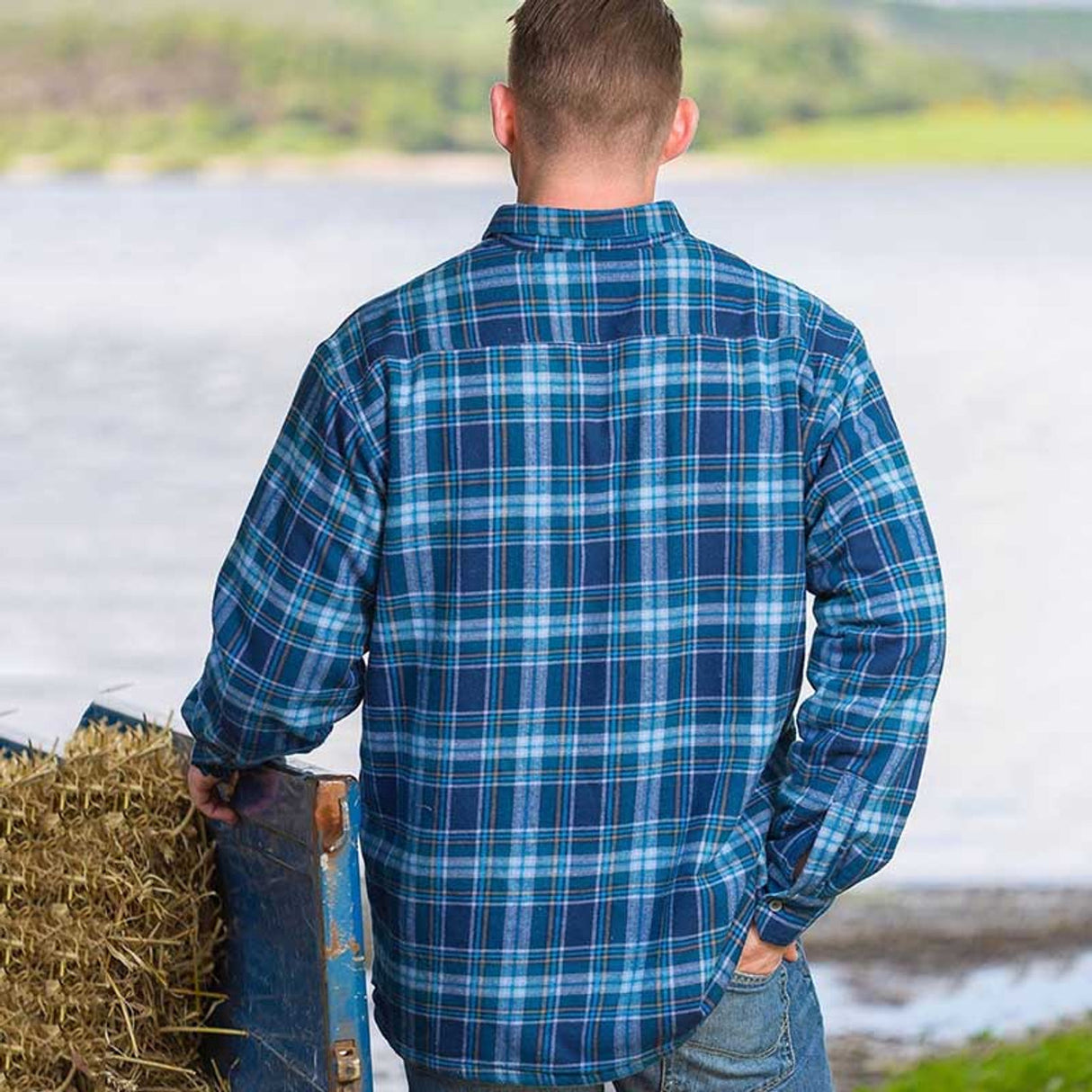 LV-FLFS-Lv8 Men's Button-Up Blue & Navy Tartan Fleece Jacket  Creative Irish Gifts Back View
