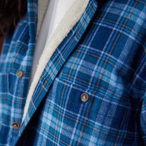 LV-FLFS-Lv8 Men's Button-Up Blue & Navy Tartan Fleece Jacket  Creative Irish Gifts Close Up
