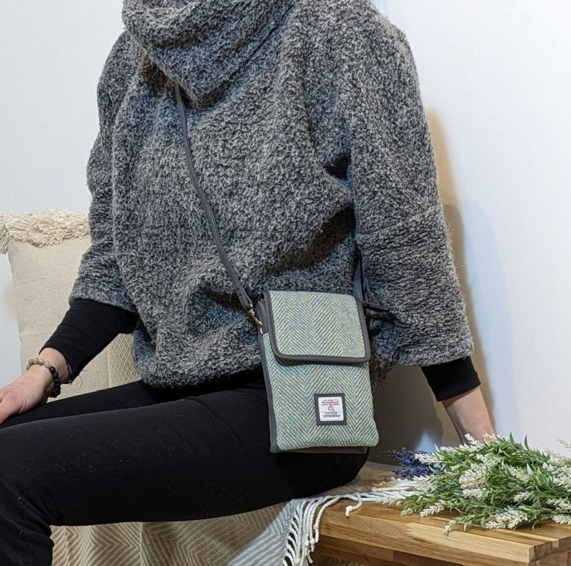 Ladies Harris Tweed Small Crossbody Bag Turquoise Lifestyle Creative Irish Gift