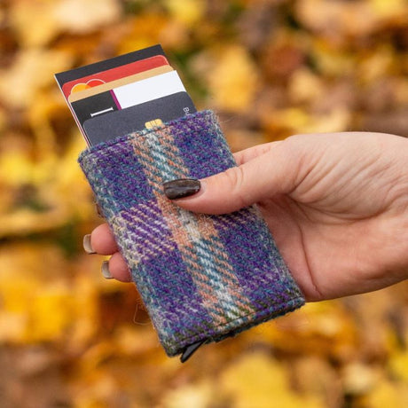 MCS-CB2412 Handcrafted Harris Tweed & Vegan Leather Card Holder, Green Purple Creative Irish Gifts
