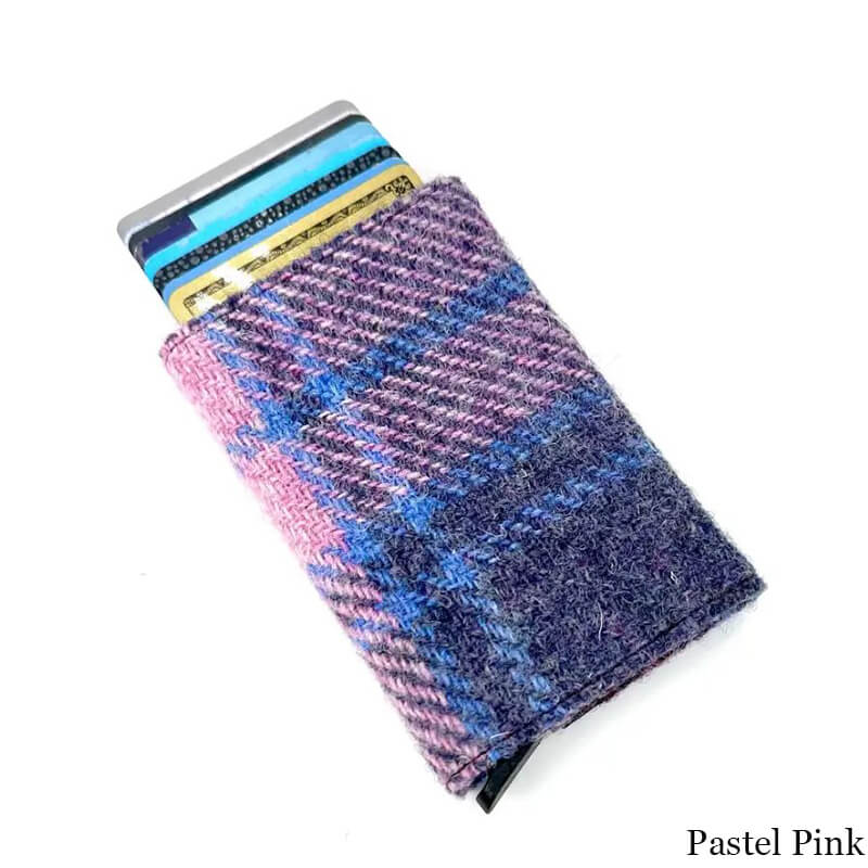MCS-CB2412-TRT073 Handcrafted Harris Tweed & Vegan Leather Card Holder, Pink Creative Irish gift