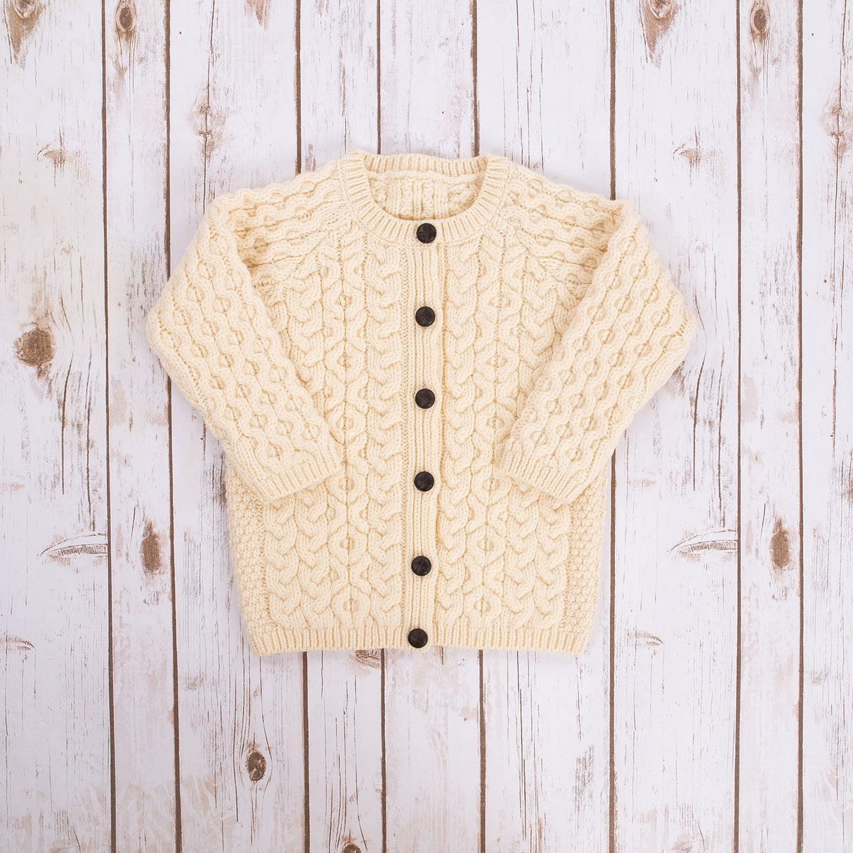 MK101-100 Kids Traditional Merino Wool Aran Button Up Cardigan, Natural Creative Irish gift.com