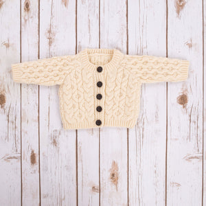 MK101-100 Kids Traditional Merino Wool Aran Button Up Cardigan, Natural Creative Irish gift