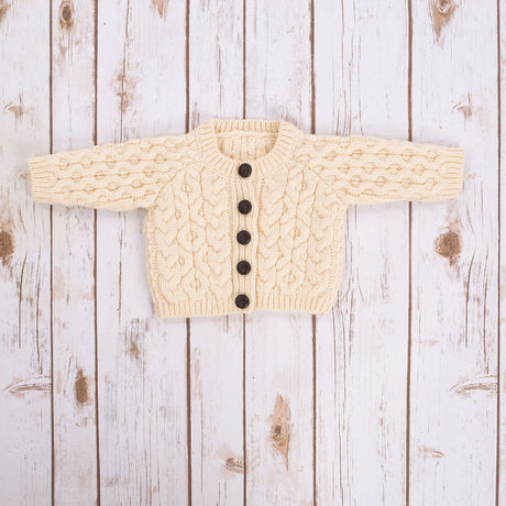 MK101-100 Kids Traditional Merino Wool Aran Button Up Cardigan, Natural Creative Irish gift
