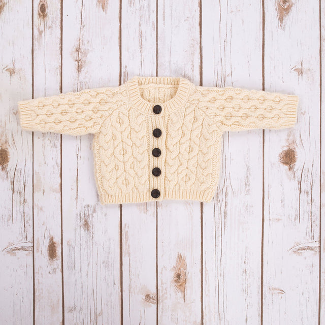 MK101-100 Kids Traditional Merino Wool Aran Button Up Cardigan, Natural Creative Irish gift
