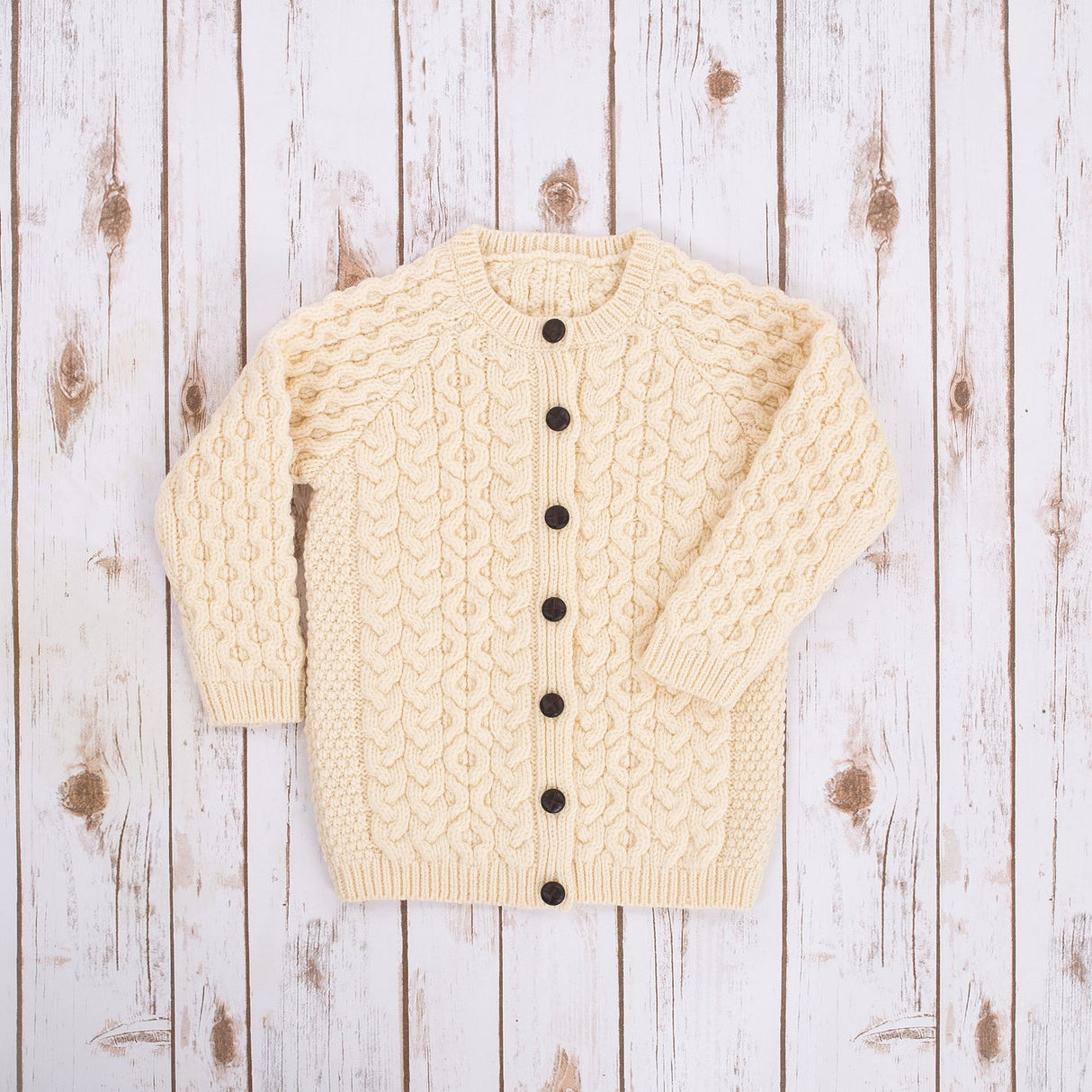 MK101-100 Kids Traditional Merino Wool Aran Button Up Cardigan, Natural Studio Creative Irish gift