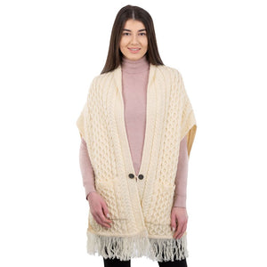 ML104-Merino Wool Irish Shawl with Pockets, White Front View Creative Irish Gift