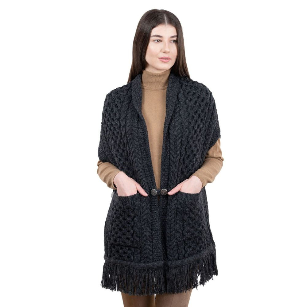 ML104-Merino Wool Irish Shawl with Pockets, Charcoal Front View Creative Irish Gift