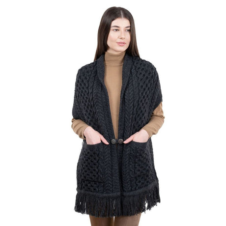 ML104-Merino Wool Irish Shawl with Pockets, Charcoal Front View Creative Irish Gift