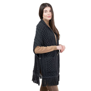 ML104-Merino Wool Irish Shawl with Pockets, Charcoal Side View Creative Irish Gift