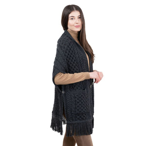 ML104-101-OS Merino Wool Irish Shawl with Pockets, Gray Creative Irish gift.