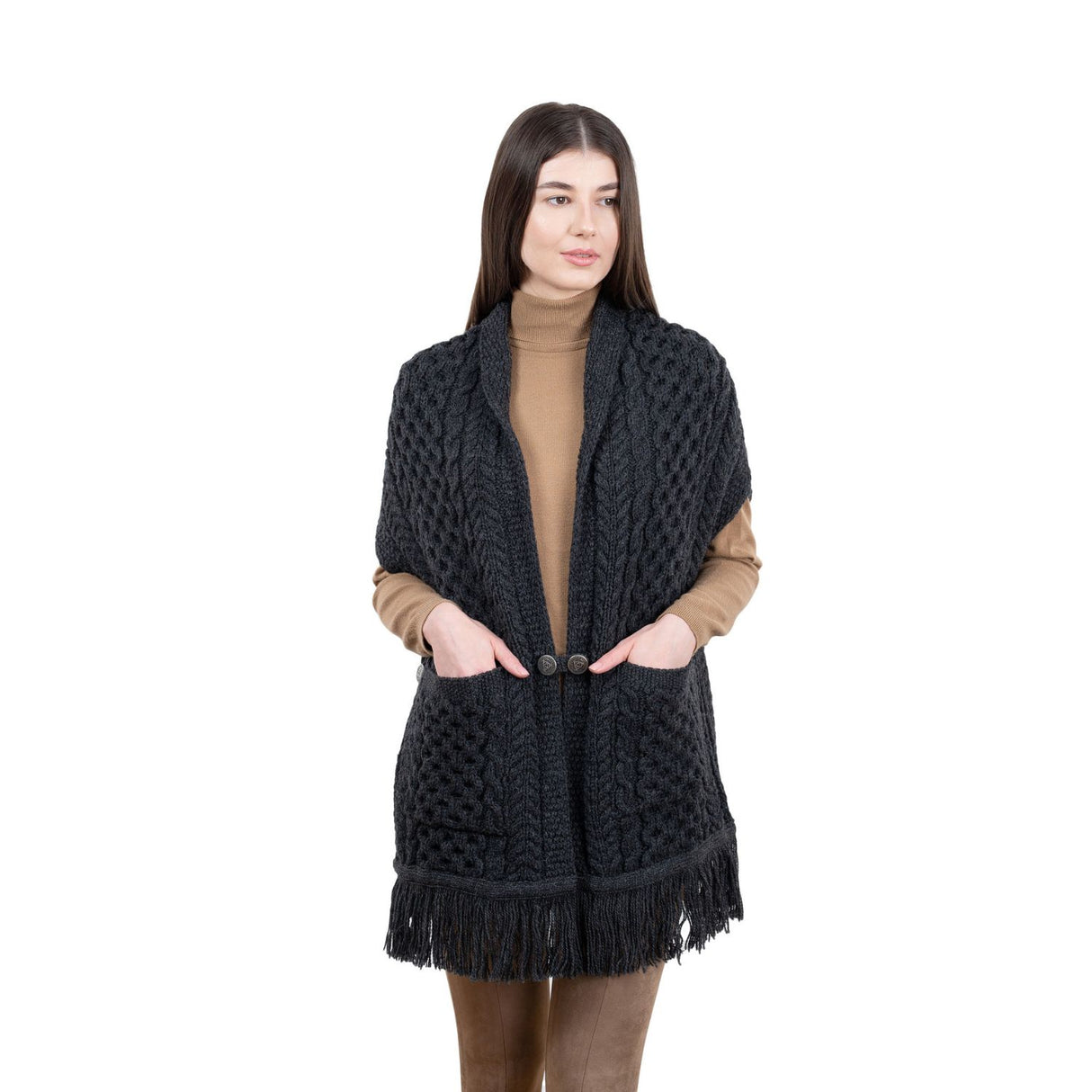 ML104-101-OS Merino Wool Irish Shawl with Pockets, Gray Studio Creative Irish gift