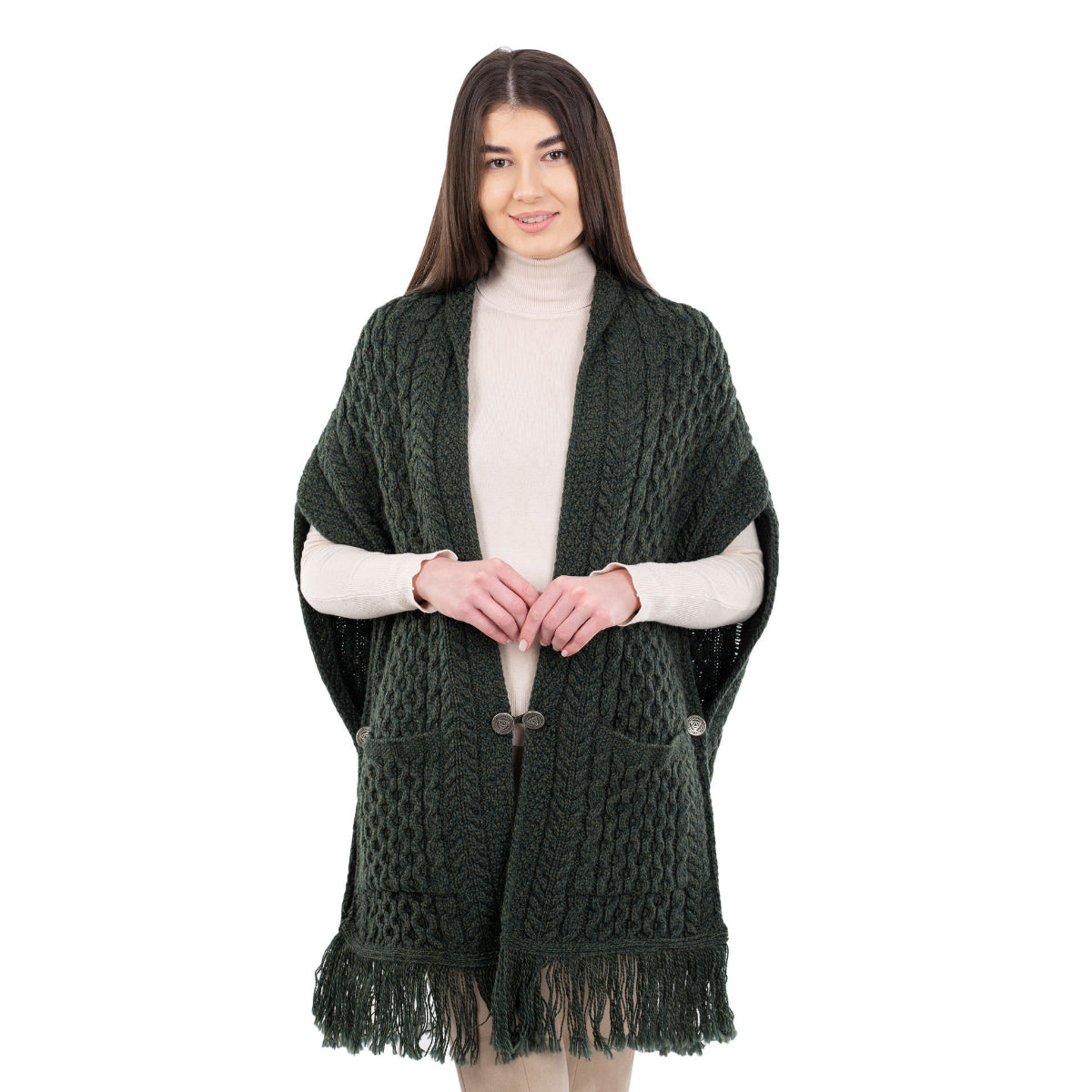 ML104-102-OS Ladies Merino Aran Poncho with Side Buttons, Army Green Creative Irish Gifts
