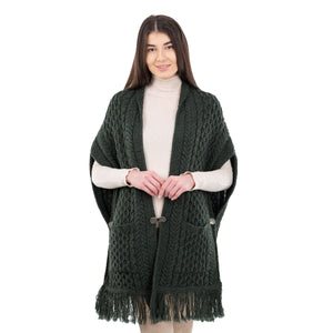 ML104-102-OS Ladies Merino Aran Poncho with Side Buttons, Army Green Creative Irish Gifts
